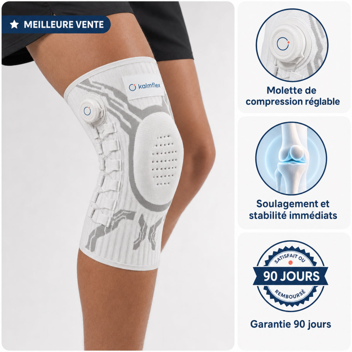 Genouillère Kalmflex : molette de compression réglable, soulagement et garantie 90 jours